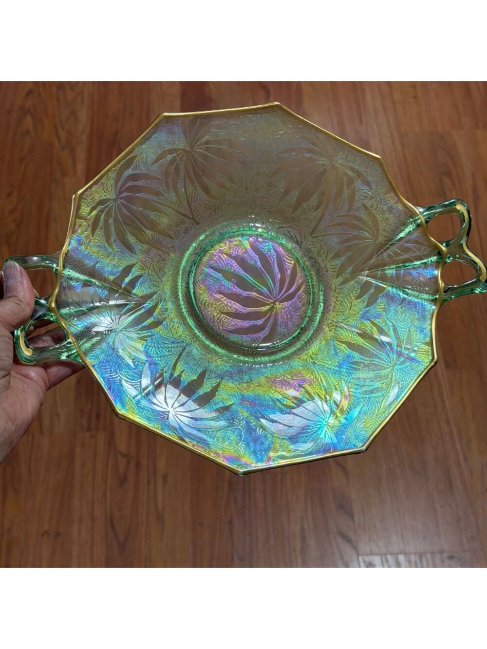 Fostoria Green Palm Leaf Brocade Uranium Iridescent Glass Handle 10” Cake Plate